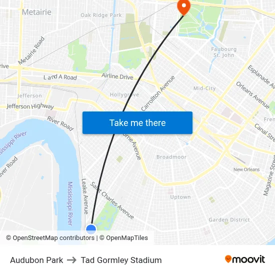 Audubon Park to Tad Gormley Stadium map