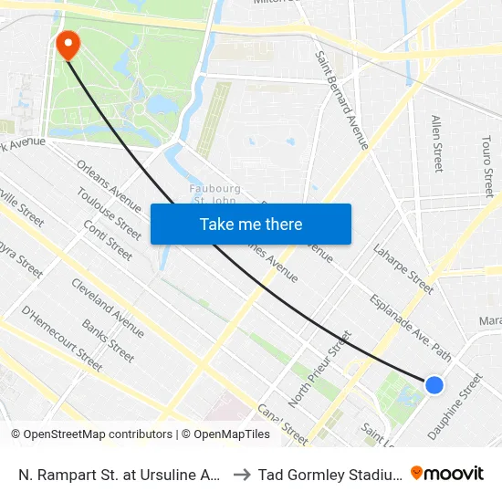 N. Rampart St. at Ursuline Ave. to Tad Gormley Stadium map