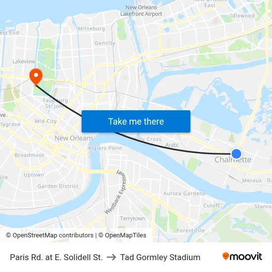 Paris Rd. at E. Solidell St. to Tad Gormley Stadium map