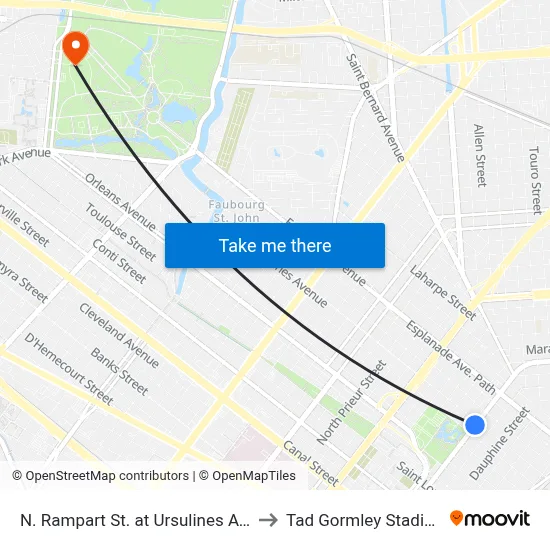 N. Rampart St. at Ursulines Ave. to Tad Gormley Stadium map