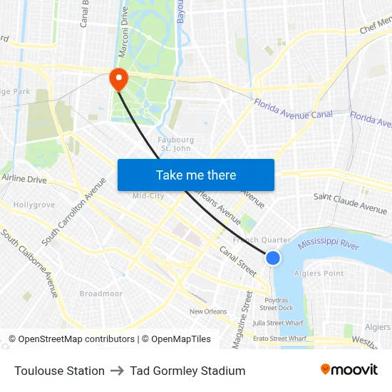 Toulouse Station to Tad Gormley Stadium map