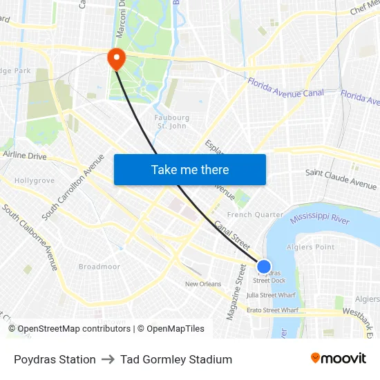 Poydras Station to Tad Gormley Stadium map