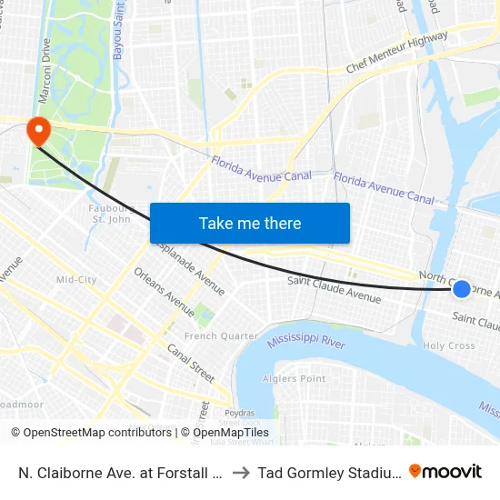 N. Claiborne Ave. at Forstall St. to Tad Gormley Stadium map