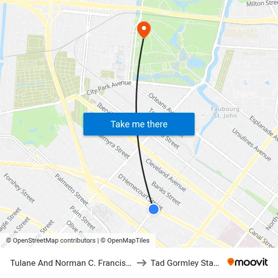 Tulane And Norman C. Francis Pkwy to Tad Gormley Stadium map