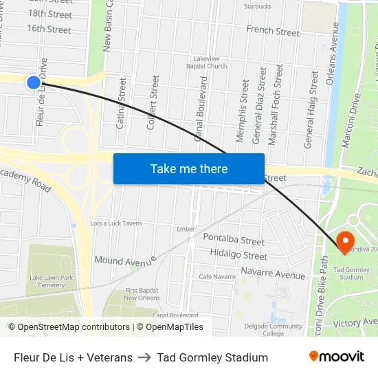 Fleur De Lis + Veterans to Tad Gormley Stadium map