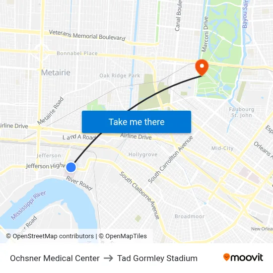 Ochsner Medical Center to Tad Gormley Stadium map