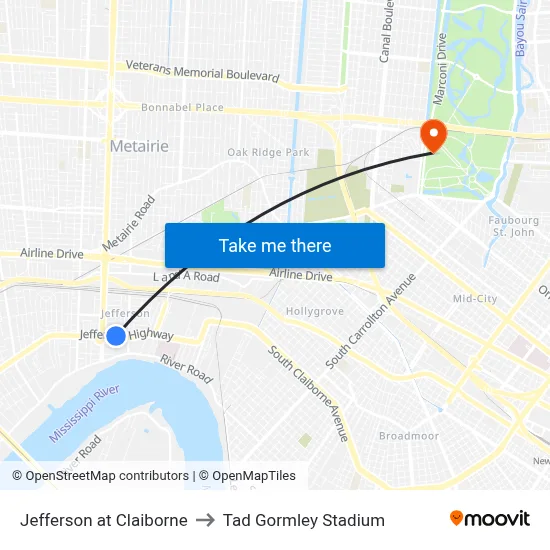 Jefferson at Claiborne to Tad Gormley Stadium map