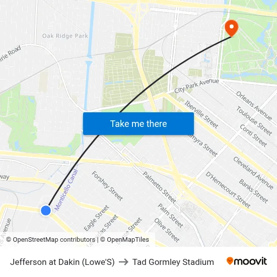 Jefferson at Dakin (Lowe'S) to Tad Gormley Stadium map