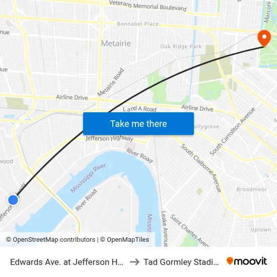 Edwards Ave. at Jefferson Hwy. to Tad Gormley Stadium map