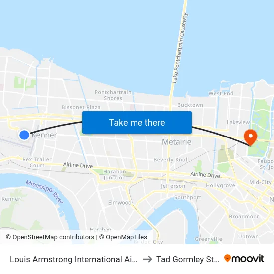 Louis Armstrong International Airport (Msy) to Tad Gormley Stadium map