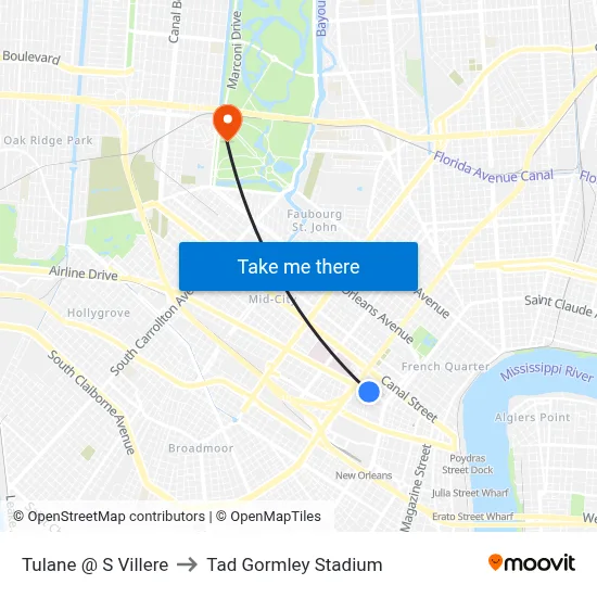 Tulane @ S Villere to Tad Gormley Stadium map
