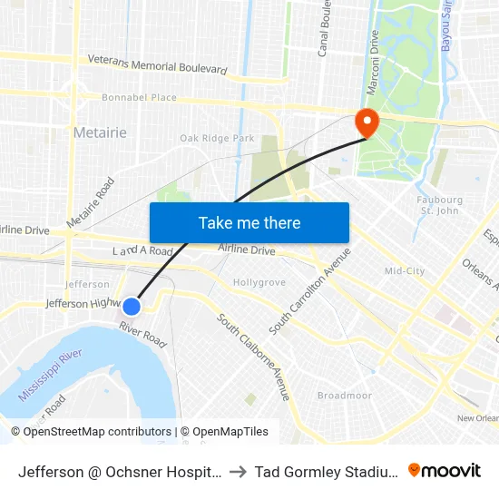 Jefferson @ Ochsner Hospital to Tad Gormley Stadium map