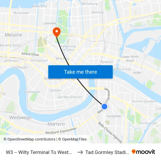 W3 -- Wilty Terminal To Westwego to Tad Gormley Stadium map
