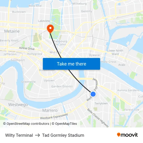 Wilty Terminal to Tad Gormley Stadium map