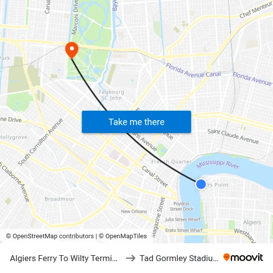 Algiers Ferry To Wilty Terminal to Tad Gormley Stadium map