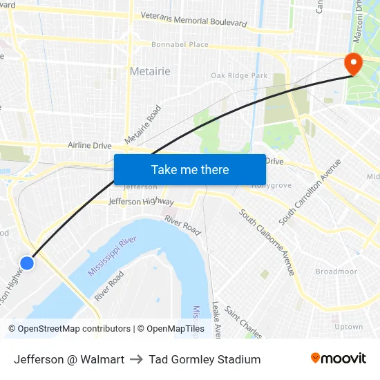 Jefferson @ Walmart to Tad Gormley Stadium map