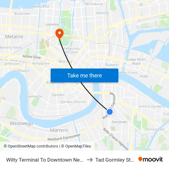 Wilty Terminal To Downtown New Orleans to Tad Gormley Stadium map