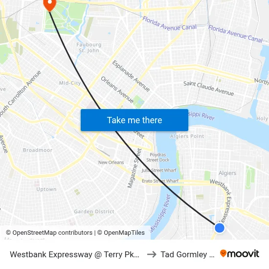 Westbank Expressway @ Terry Pkwy/Oakwood Mall to Tad Gormley Stadium map