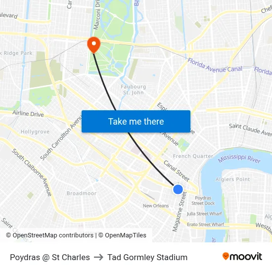 Poydras @ St Charles to Tad Gormley Stadium map