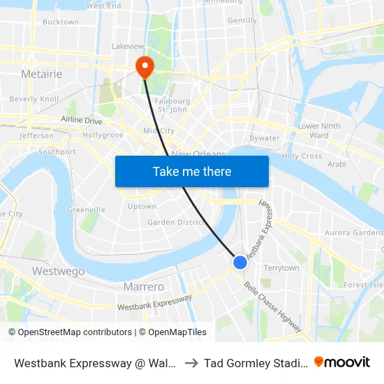 Westbank Expressway @ Walmart to Tad Gormley Stadium map