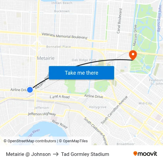 Metairie @ Johnson to Tad Gormley Stadium map