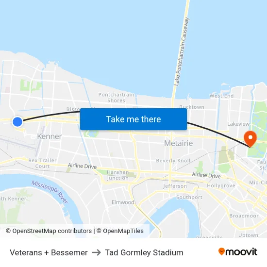 Veterans + Bessemer to Tad Gormley Stadium map
