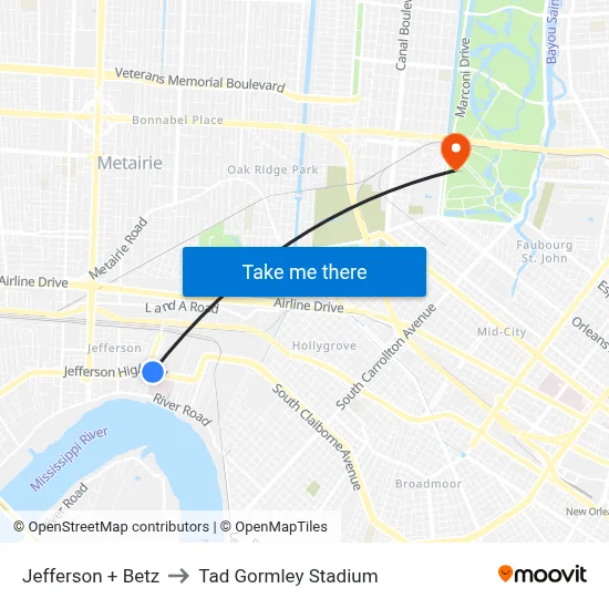Jefferson + Betz to Tad Gormley Stadium map