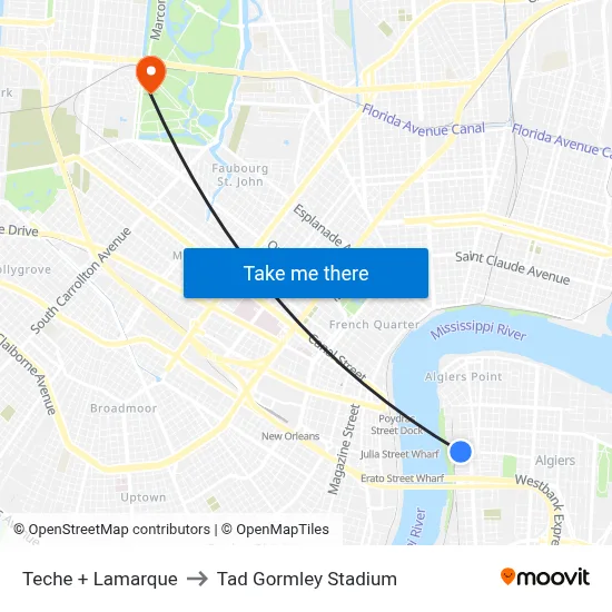 Teche + Lamarque to Tad Gormley Stadium map