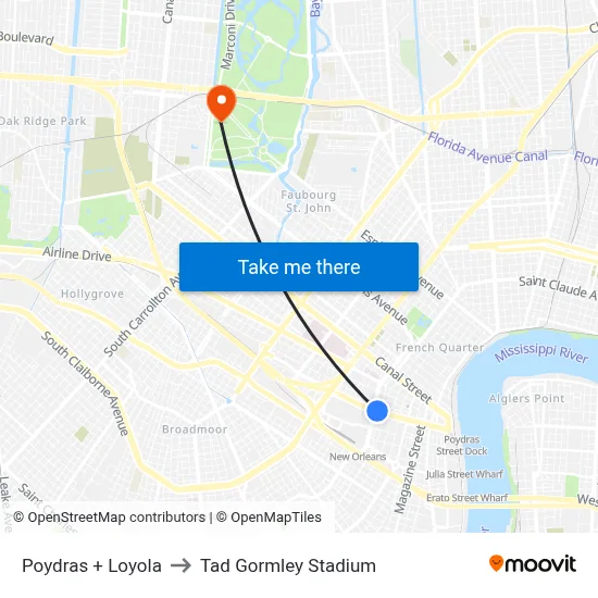 Poydras + Loyola to Tad Gormley Stadium map