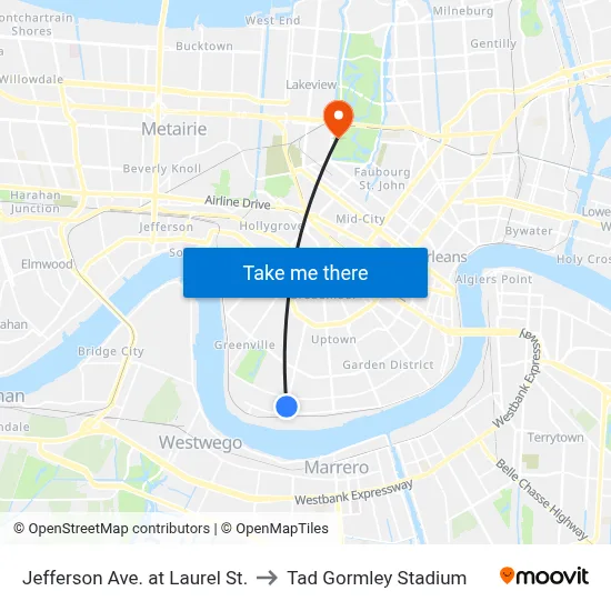 Jefferson Ave. at Laurel St. to Tad Gormley Stadium map