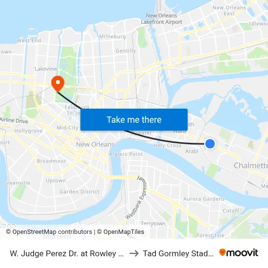 W. Judge Perez Dr. at Rowley Blvd. to Tad Gormley Stadium map