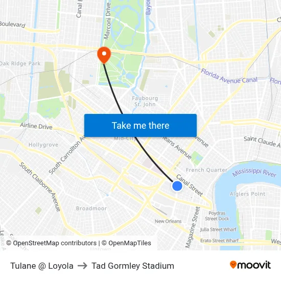 Tulane @ Loyola to Tad Gormley Stadium map