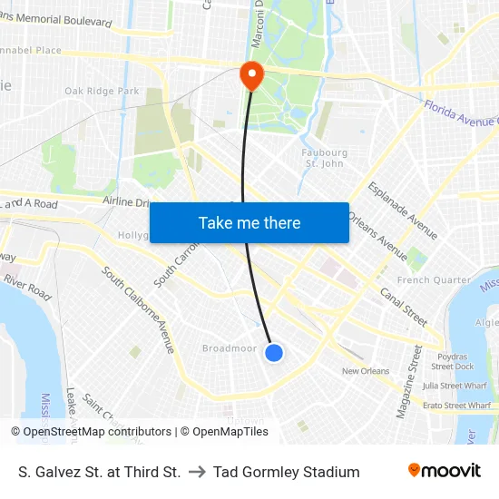 S. Galvez St. at Third St. to Tad Gormley Stadium map