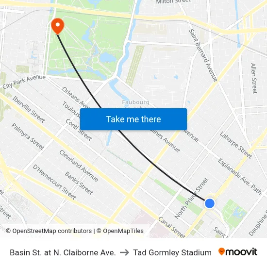 Basin St. at N. Claiborne Ave. to Tad Gormley Stadium map