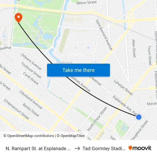 N. Rampart St. at Esplanade Ave. to Tad Gormley Stadium map
