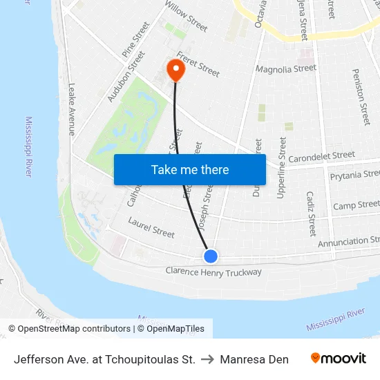 Jefferson Ave. at Tchoupitoulas St. to Manresa Den map