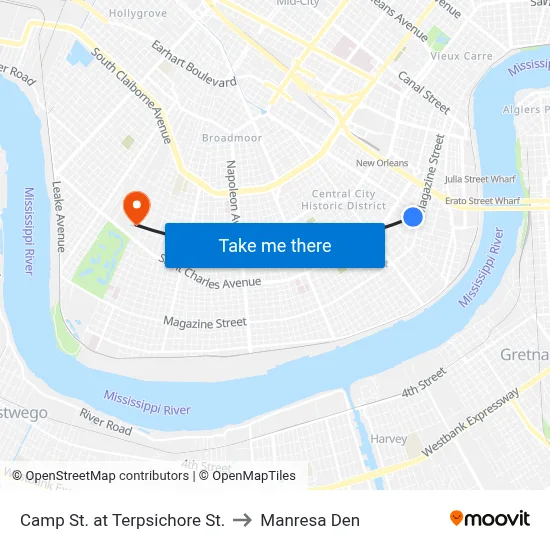 Camp St. at Terpsichore St. to Manresa Den map
