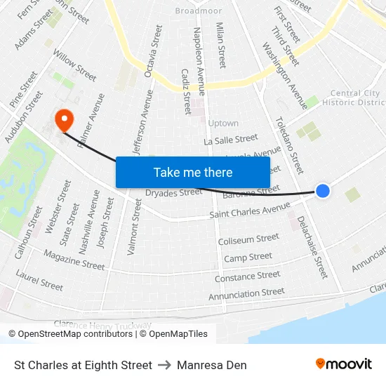 St Charles at Eighth Street to Manresa Den map