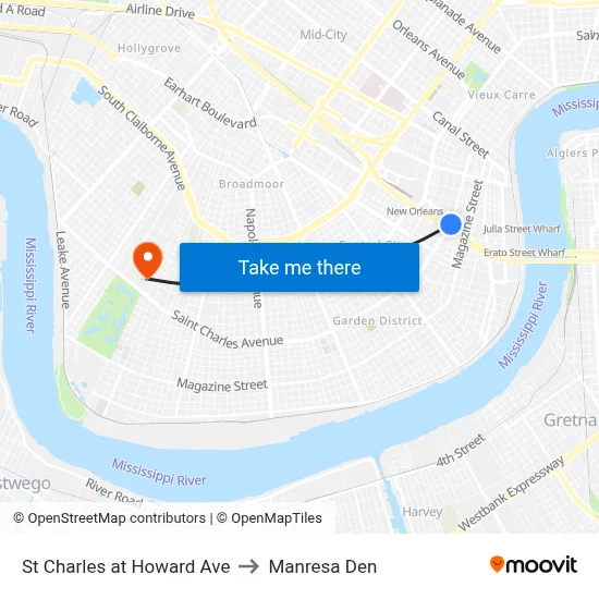St Charles at Howard Ave to Manresa Den map