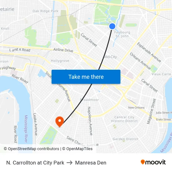 N. Carrollton at City Park to Manresa Den map