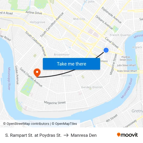 S. Rampart St. at Poydras St. to Manresa Den map