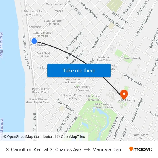 S. Carrollton Ave. at St Charles Ave. to Manresa Den map
