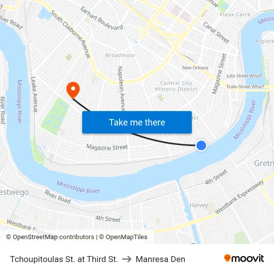 Tchoupitoulas St. at Third St. to Manresa Den map