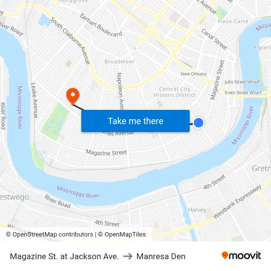 Magazine St. at Jackson Ave. to Manresa Den map