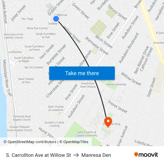 S. Carrollton Ave at Willow St to Manresa Den map