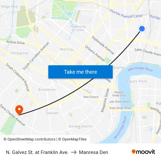 N. Galvez St. at Franklin Ave. to Manresa Den map