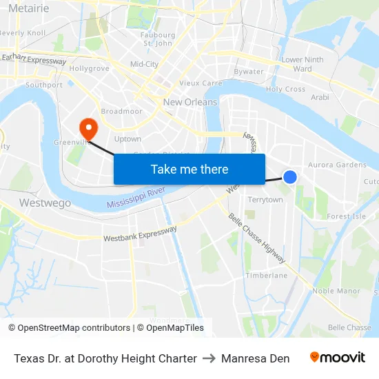 Texas Dr. at Dorothy Height Charter to Manresa Den map