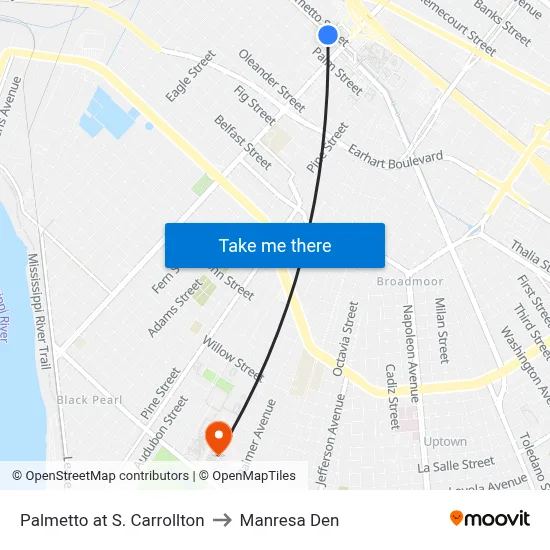 Palmetto at S. Carrollton to Manresa Den map