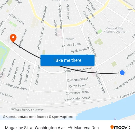 Magazine St. at Washington Ave. to Manresa Den map