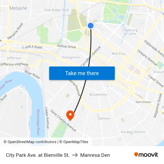 City Park Ave. at Bienville St. to Manresa Den map